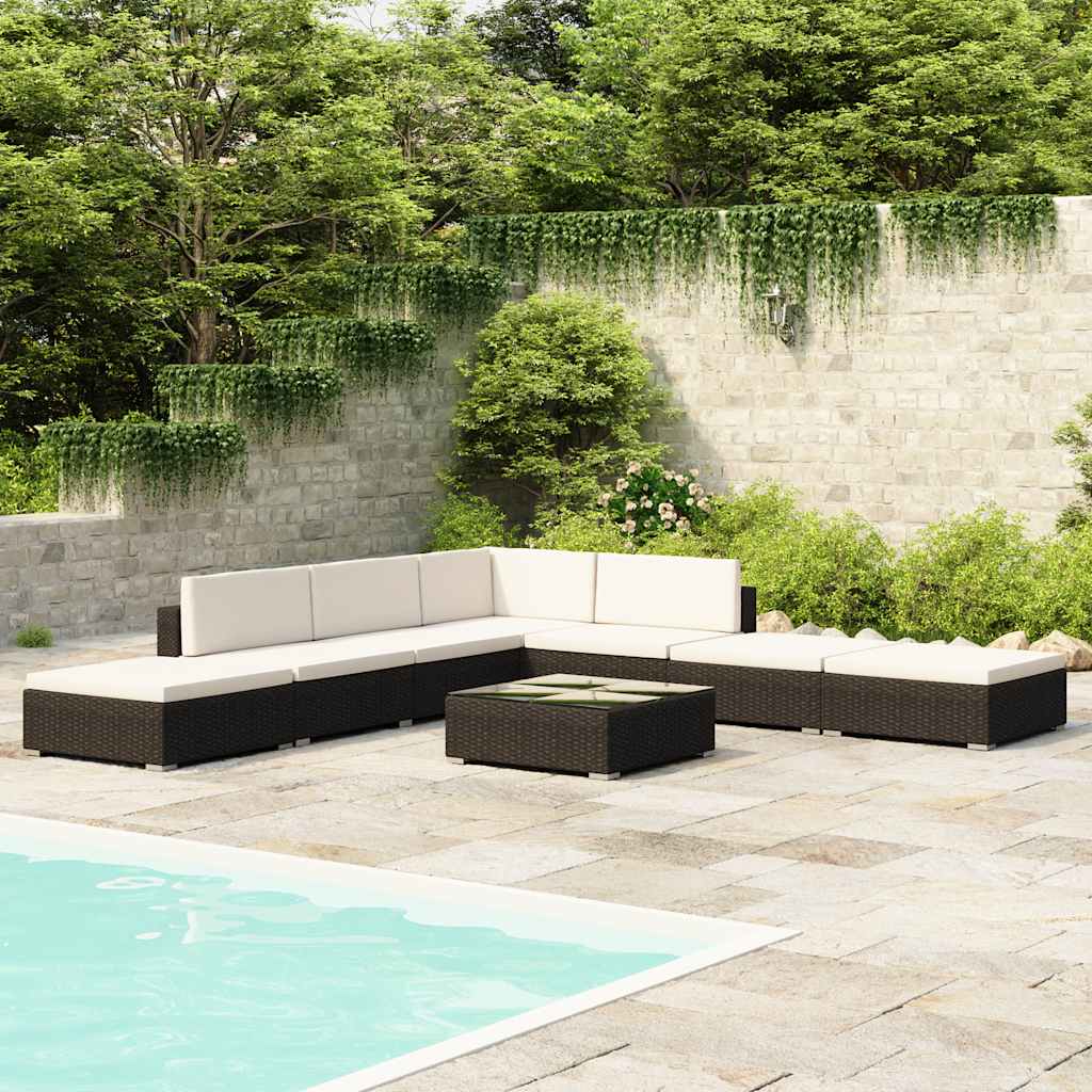 8-delige Loungeset met kussens poly rattan zwart – afbeelding 1