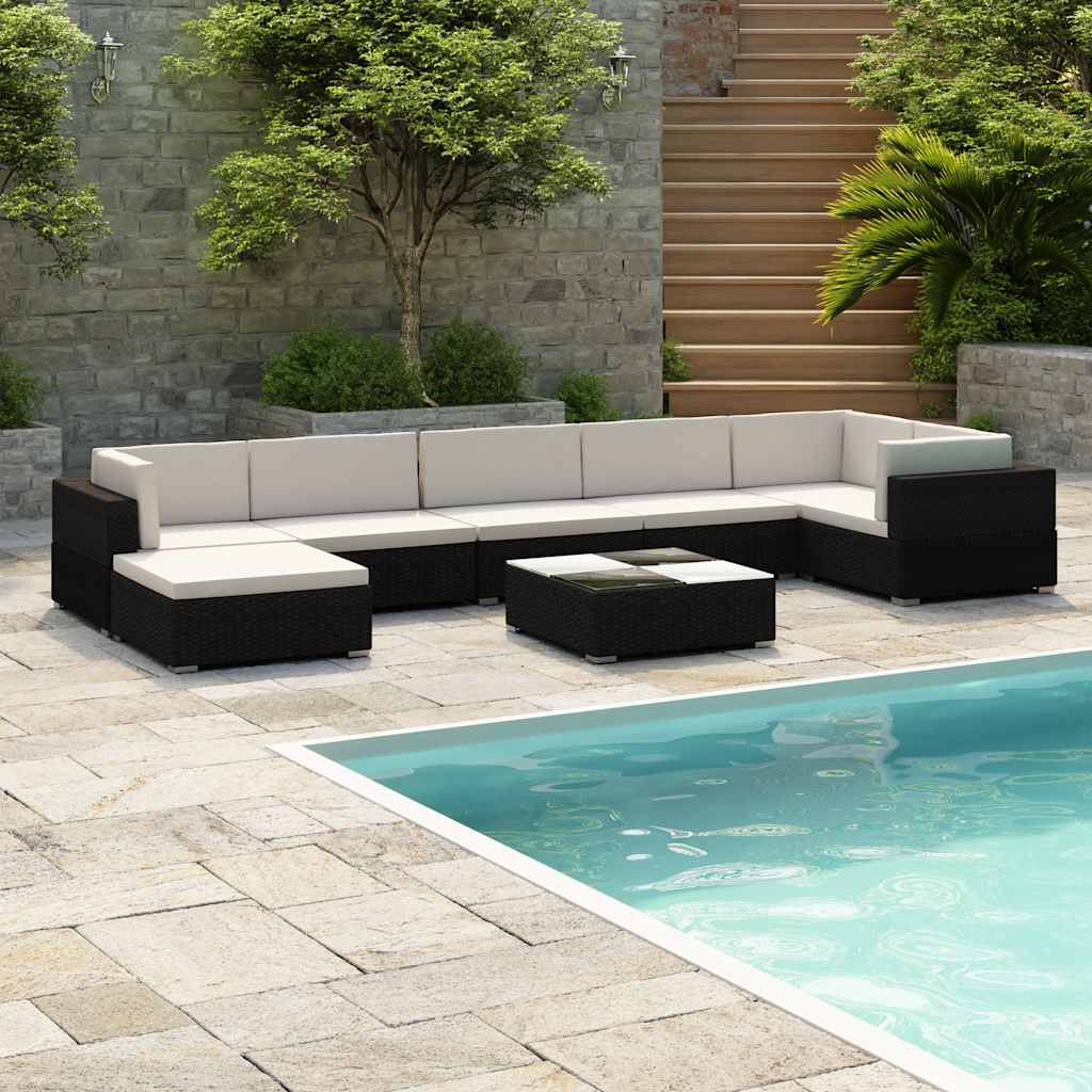 8-delige Loungeset met kussens poly rattan zwart – afbeelding 1