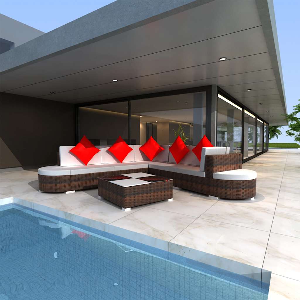 8-delige Loungeset met kussens poly rattan bruin