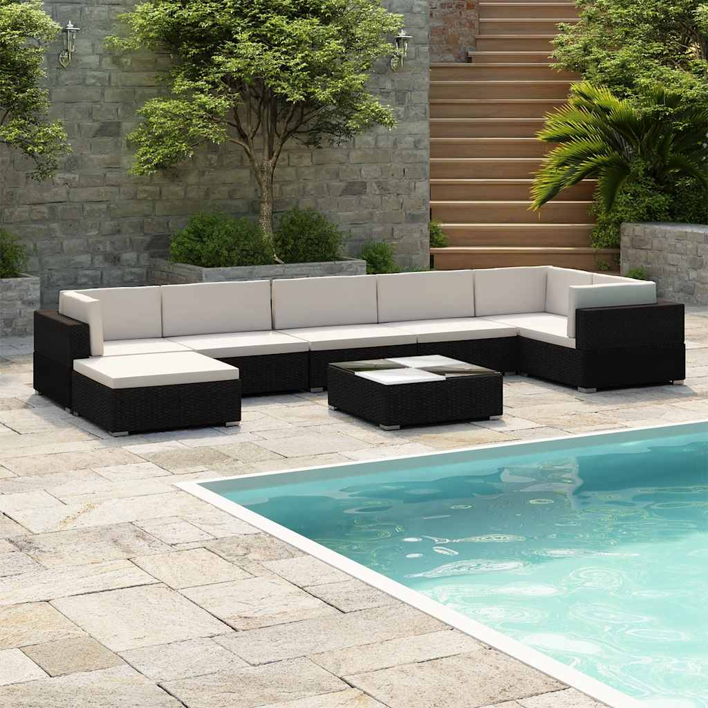 8-delige Loungeset met kussens poly rattan zwart – afbeelding 1