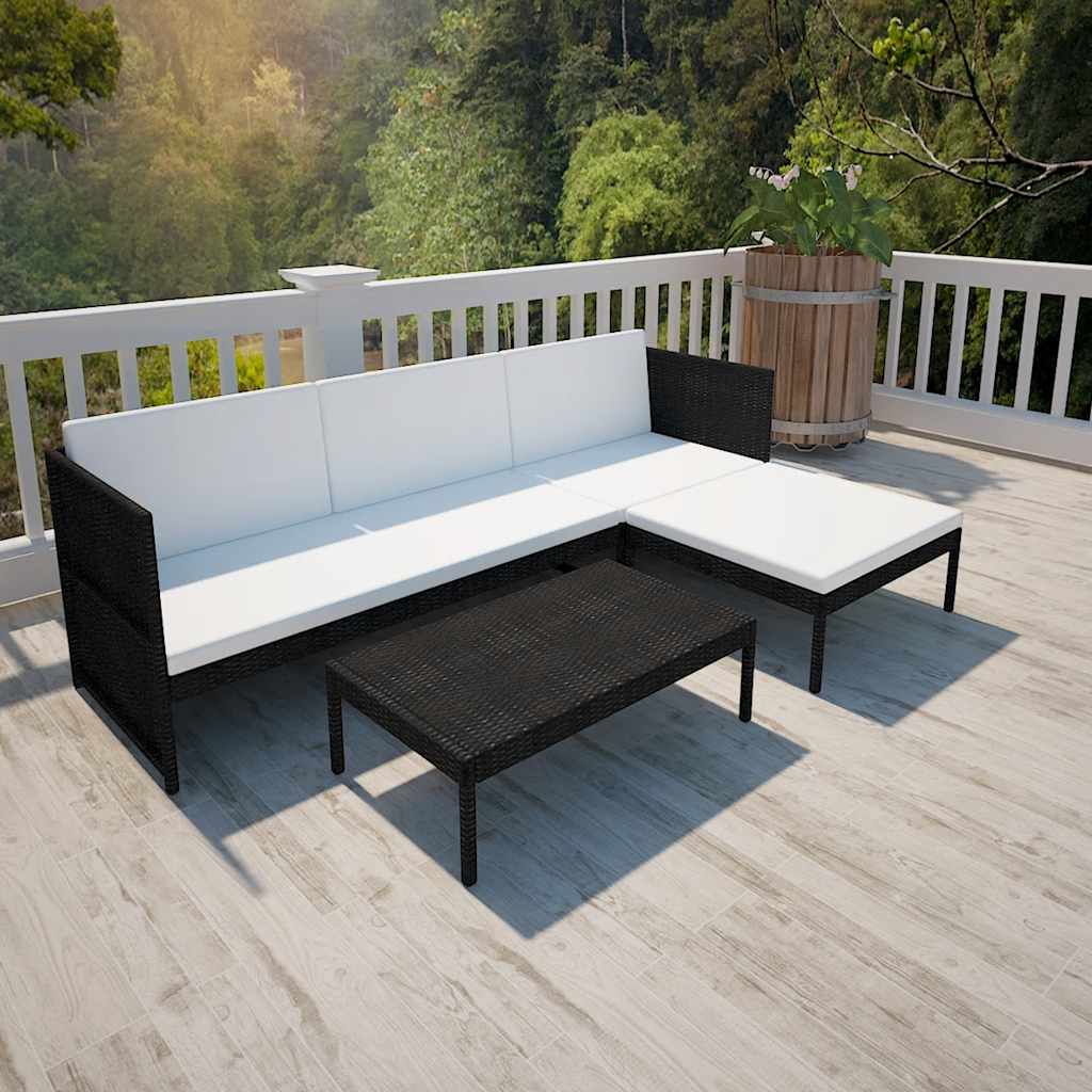 3-delige Loungeset met kussens poly rattan zwart – afbeelding 1