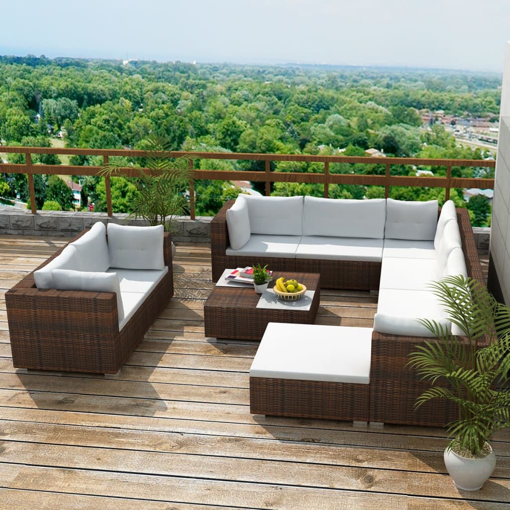 10-delige Loungeset met kussens poly rattan bruin – afbeelding 1