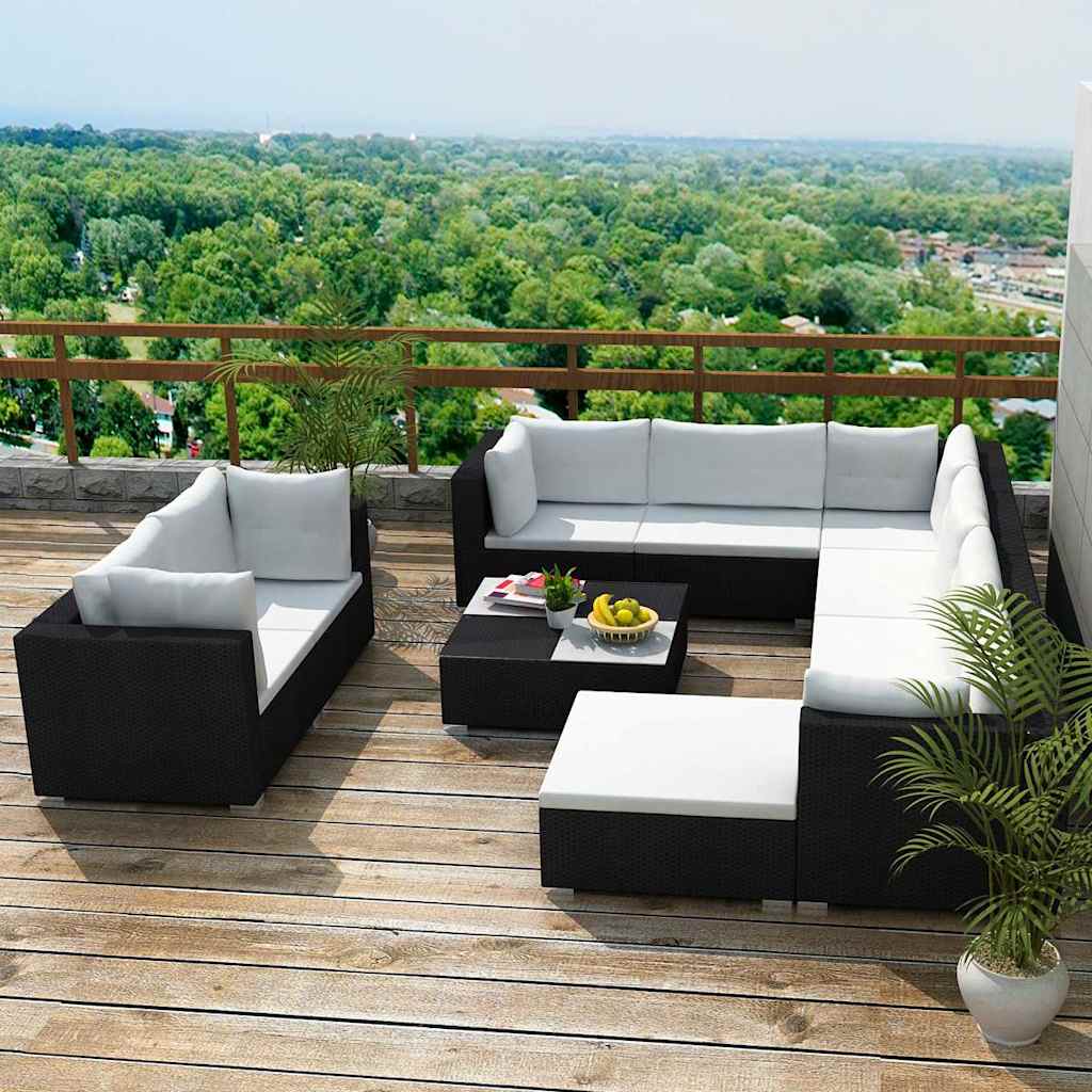 10-delige Loungeset met kussens poly rattan zwart – afbeelding 1