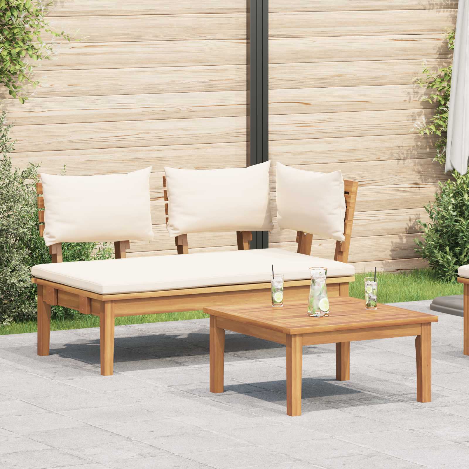 Tuinbank en Tafelset 2 pcs Crème en bruin Massief teakhout – afbeelding 1