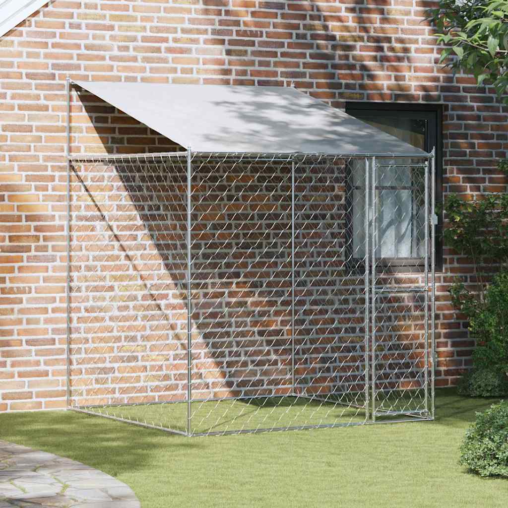 Hondenkooi met Dak Zilver 200 x 200 x 258 cm Staal en PE – afbeelding 1