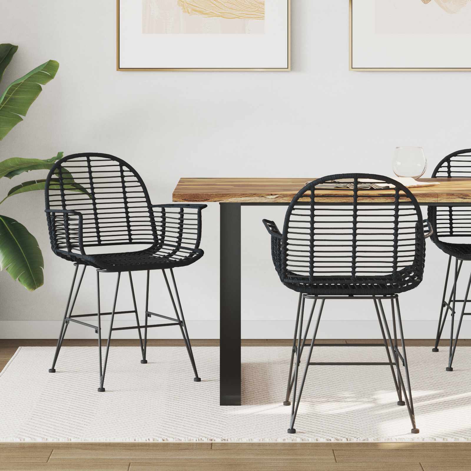 Eetkamerstoel 2 pcs Riet en IJzer Zwart 57 x 55 x 85 cm