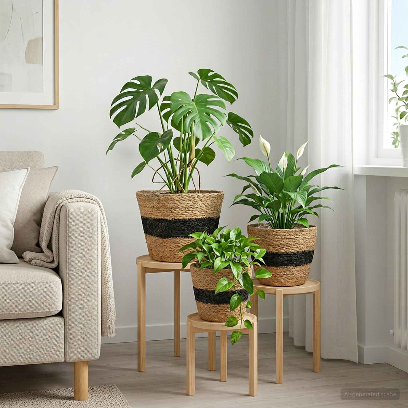 Zeegras Plantenmanden 3 pcs Naturel en Zwart Ø26 x 19 cm – afbeelding 1