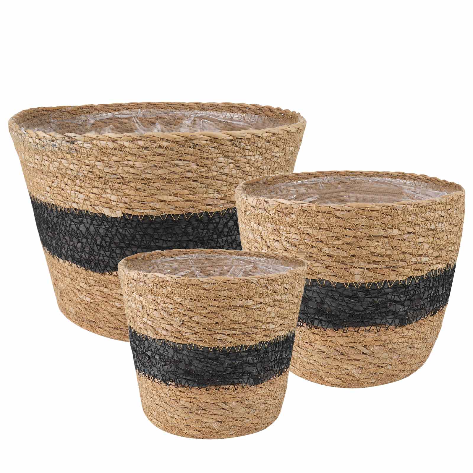 Zeegras Plantenmanden 3 pcs Naturel en Zwart Ø26 x 19 cm – afbeelding 2