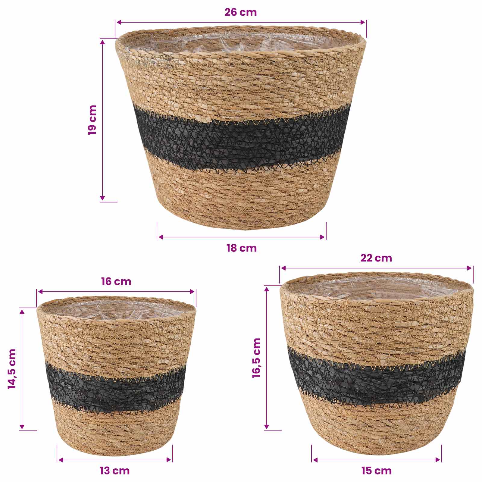Zeegras Plantenmanden 3 pcs Naturel en Zwart Ø26 x 19 cm – afbeelding 8