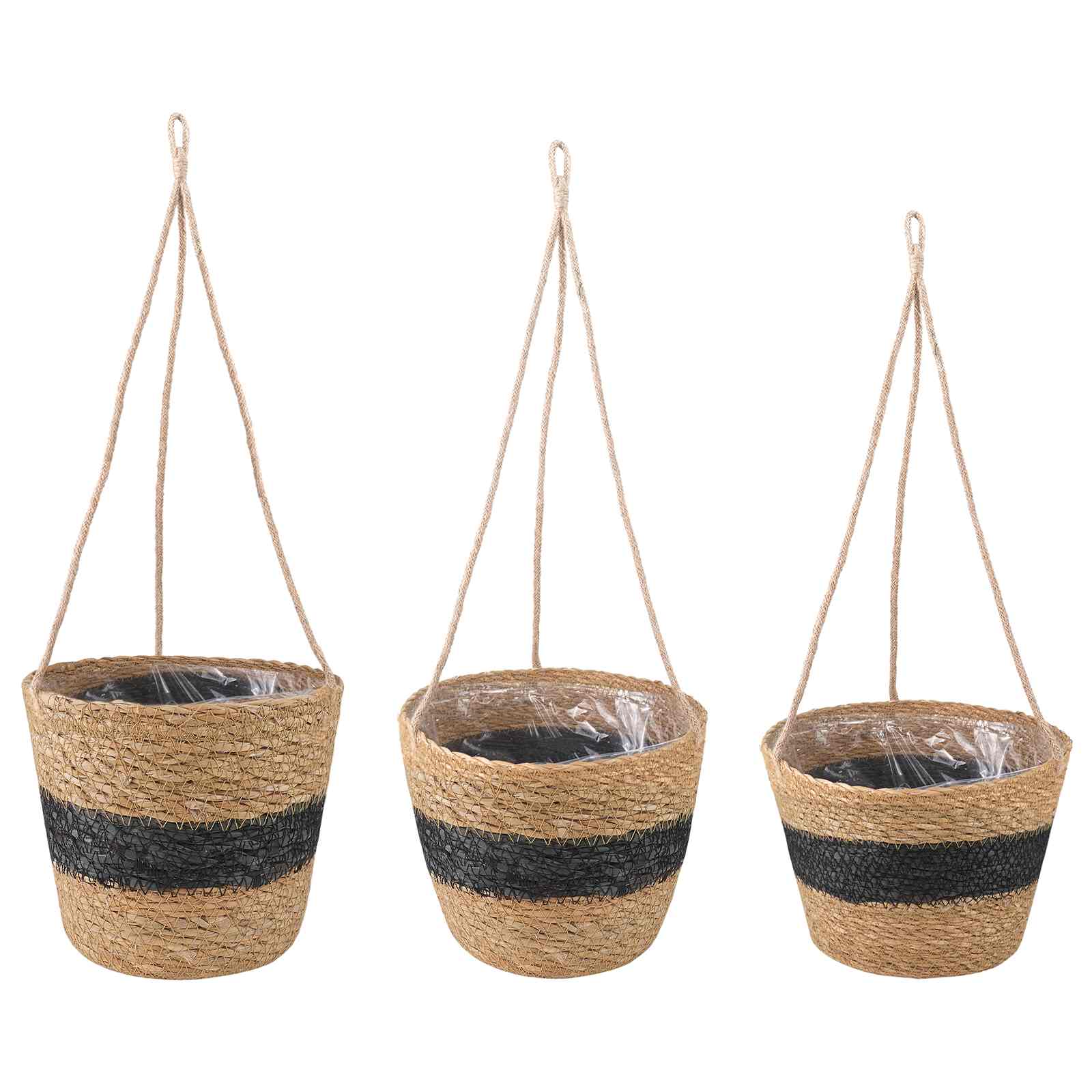 Zeegras Plantenmanden 3 pcs Naturel en Zwart Ø26 x 19 cm – afbeelding 1