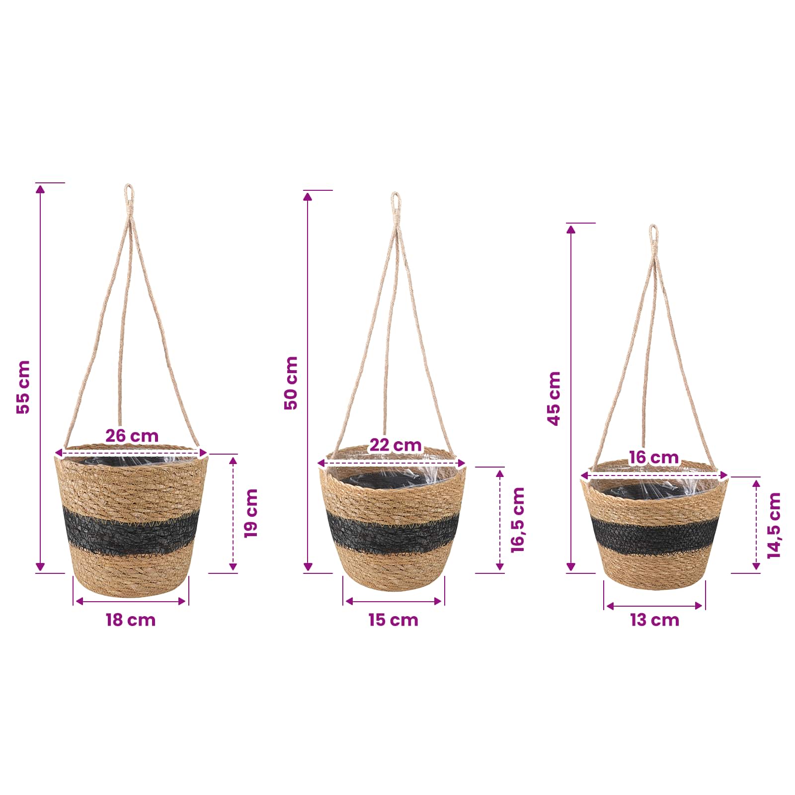 Zeegras Plantenmanden 3 pcs Naturel en Zwart Ø26 x 19 cm – afbeelding 7