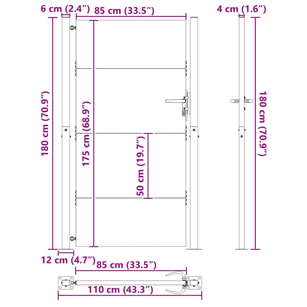 Tuinpoort met slot Zwart 110 x 180 cm Gepoedercoat staal – afbeelding 10