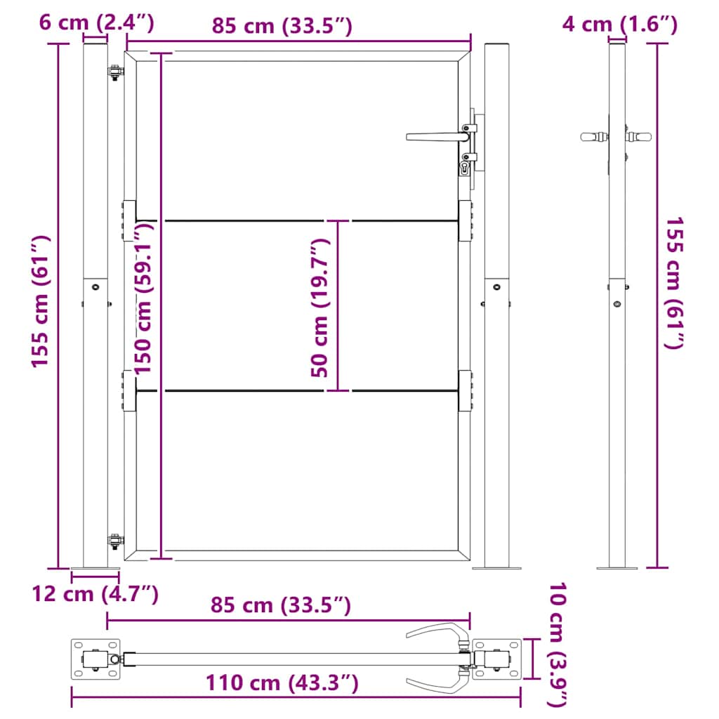 Tuinpoort met slot Zwart 110 x 155 cm Gepoedercoat staal – afbeelding 10