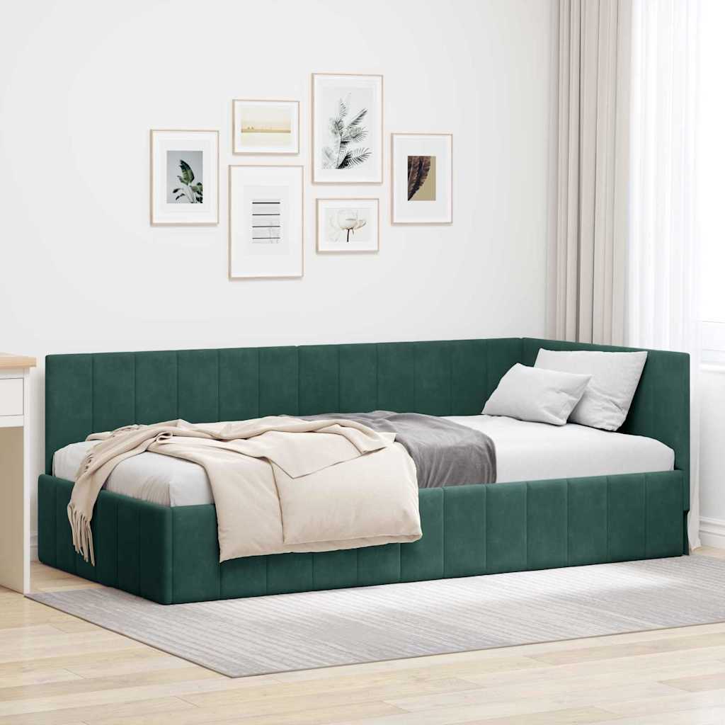 Hoekbedframe met hoofdeinde Donkergroen 90 cm x 190 cm Fluweel – afbeelding 1