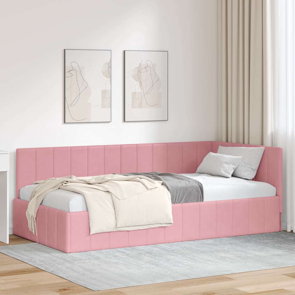 Hoekbedframe met hoofdeinde Roze 90 cm x 200 cm Fluweel – afbeelding 1