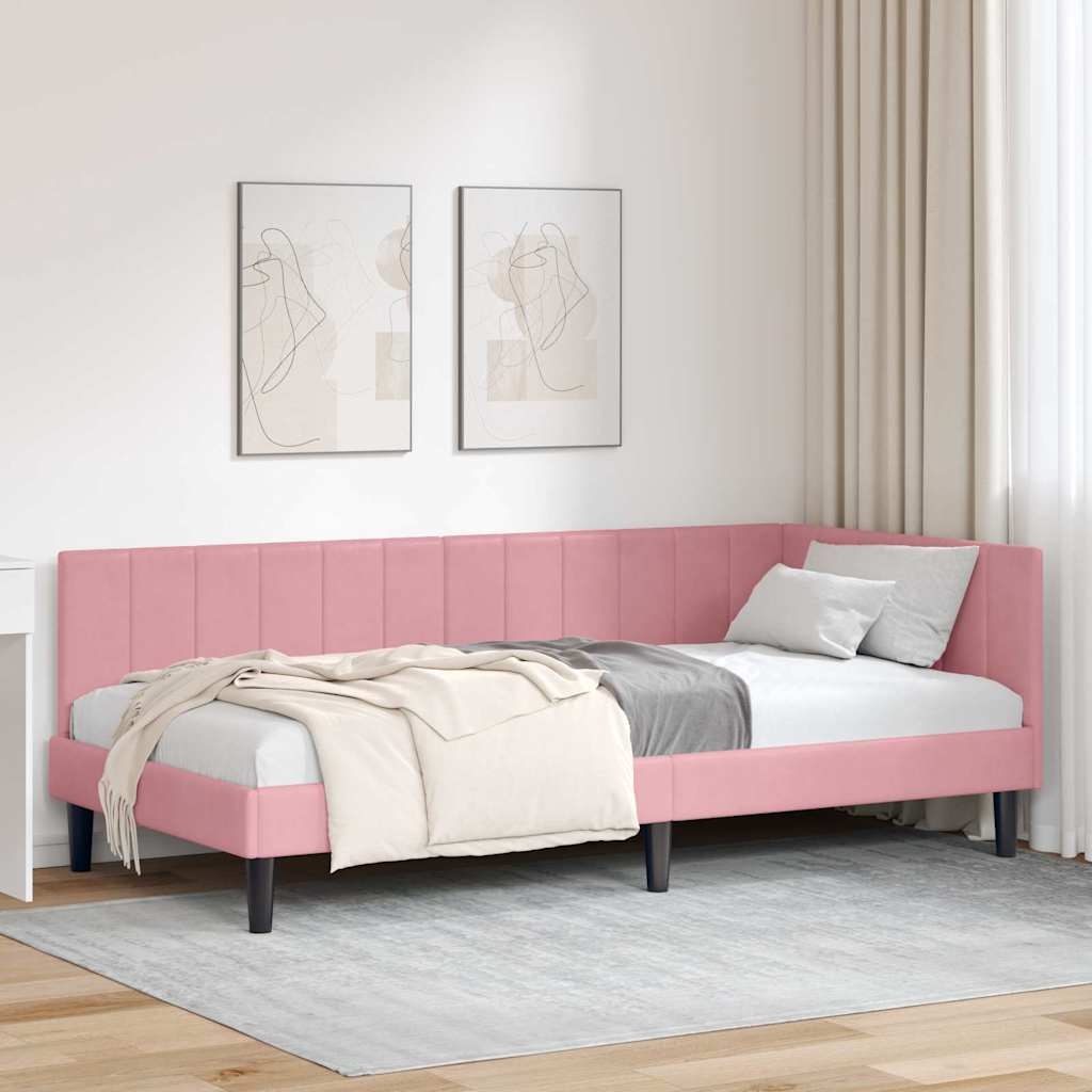 Hoekbedframe met hoofdeinde Roze 90 cm x 190 cm Fluweel – afbeelding 1