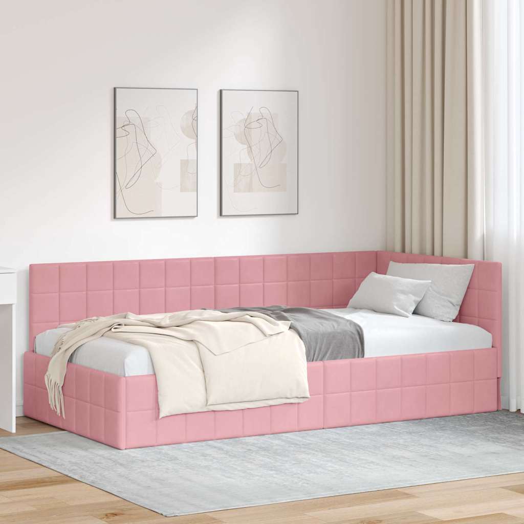 Hoekbedframe met hoofdeinde Roze 90 cm x 200 cm Fluweel – afbeelding 1