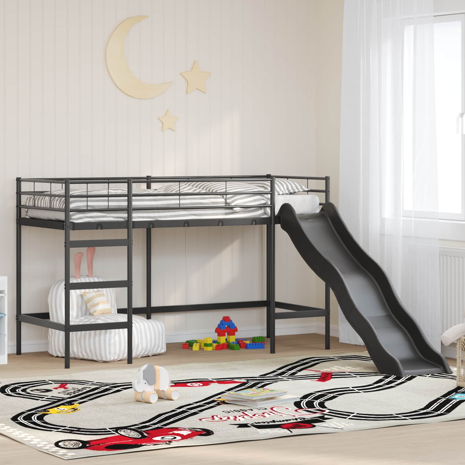Kinder loft bedframe met glijbaan Zwart en Anthraciet – afbeelding 1