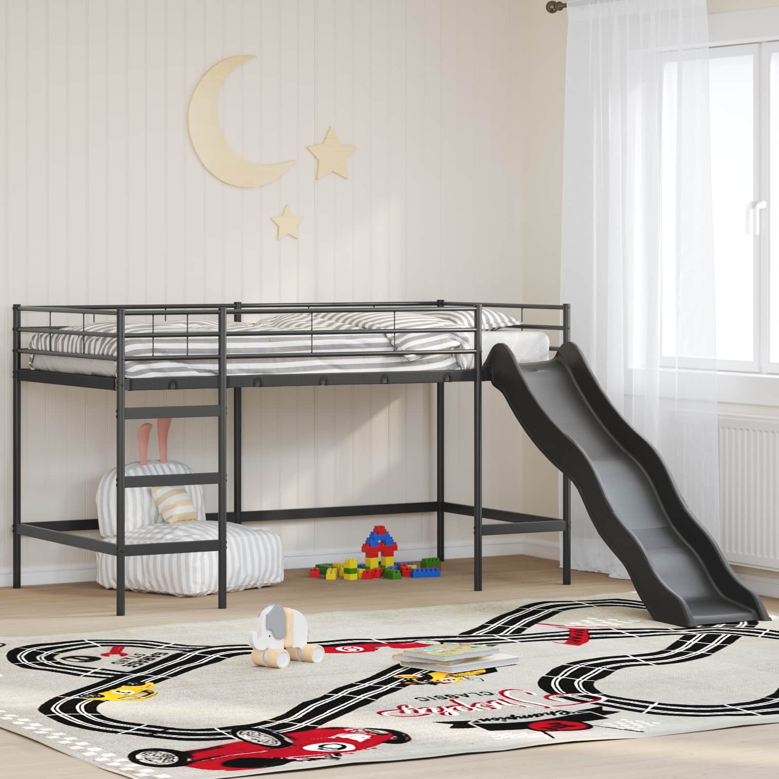 Kinder loft bedframe met glijbaan Zwart en Anthraciet – afbeelding 1
