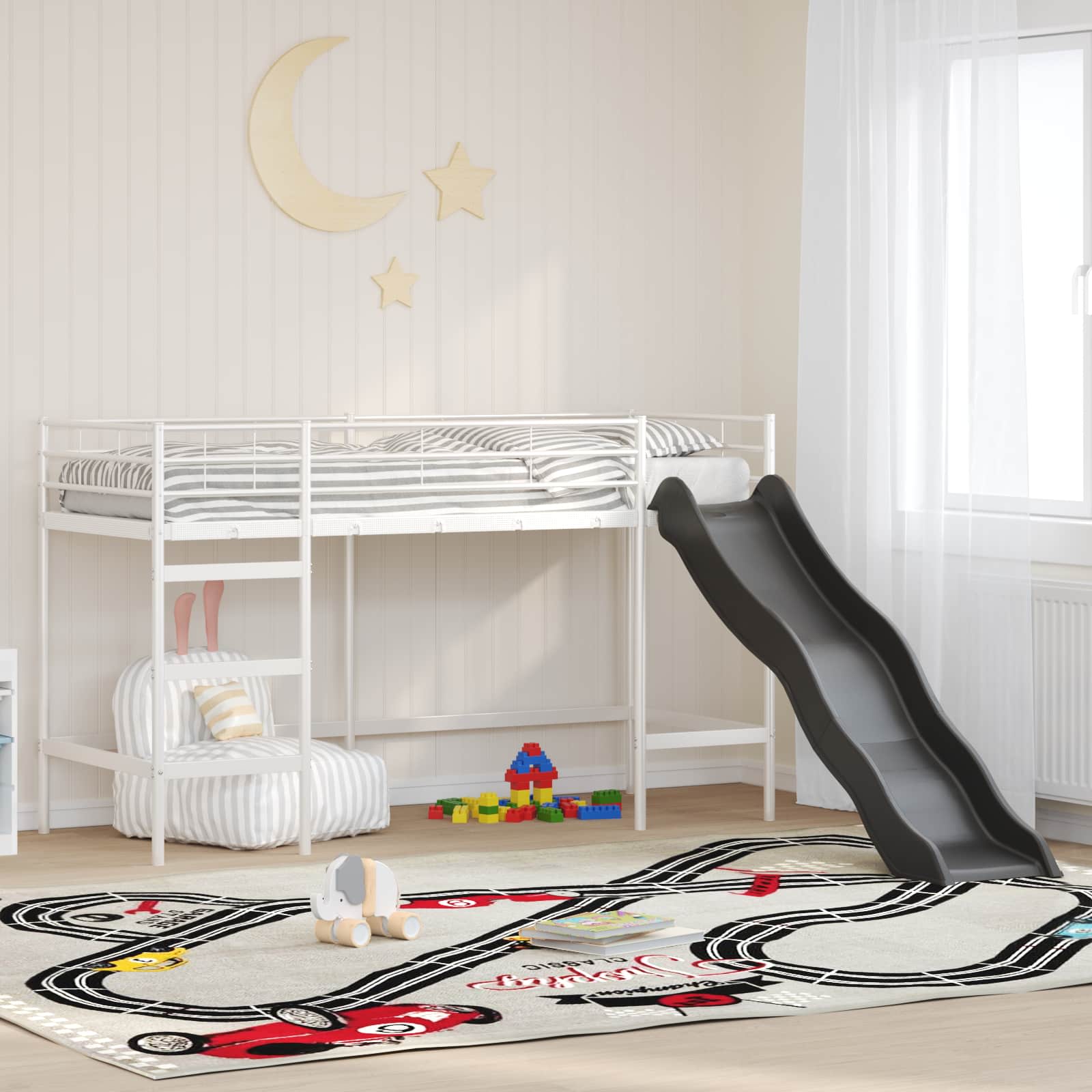 Kinder loft bedframe met glijbaan Wit en Antraciet 75 x 190 cm – afbeelding 1