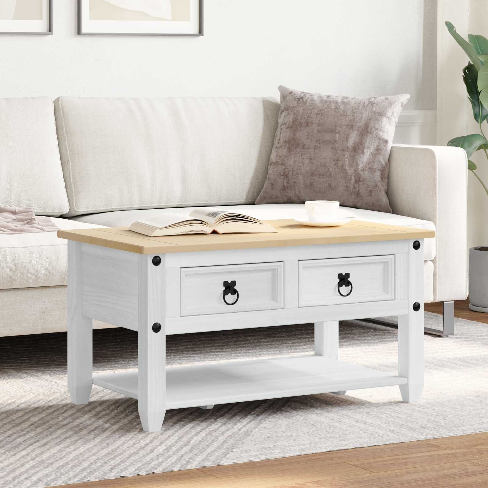Salontafel met lade Wit 85 x 50 x 45 cm Massief grenenhout – afbeelding 1