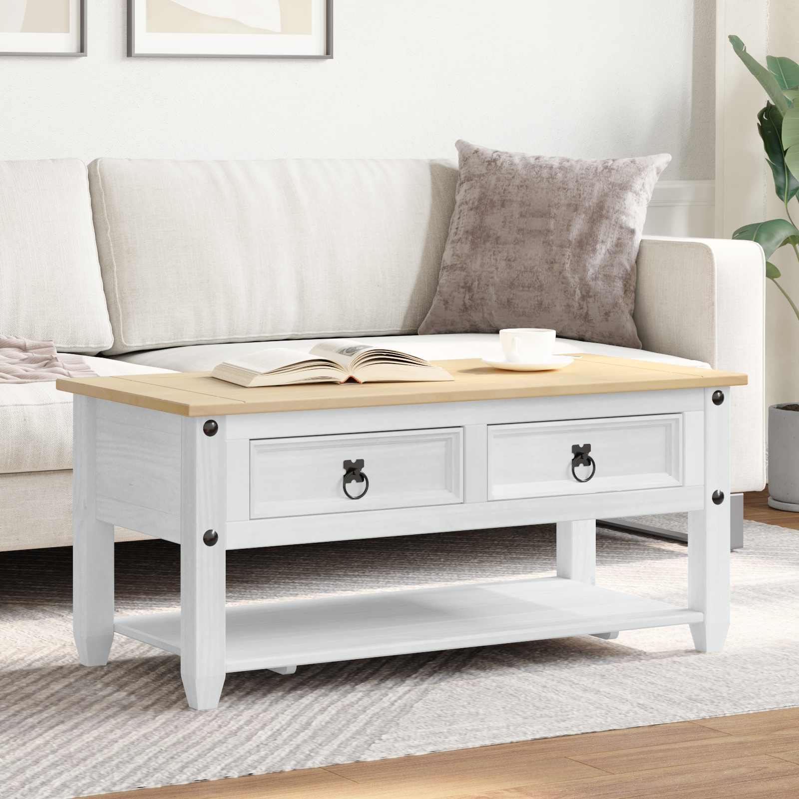 Salontafel met lade Wit 100 x 48 x 45 cm Massief grenenhout – afbeelding 1