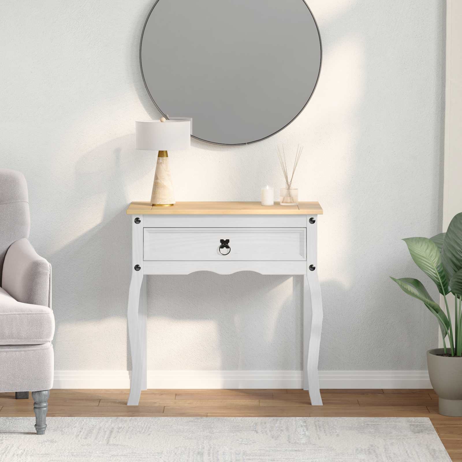 Console tafel met lade Wit 73 x 35 x 73 cm Massief grenenhout – afbeelding 1