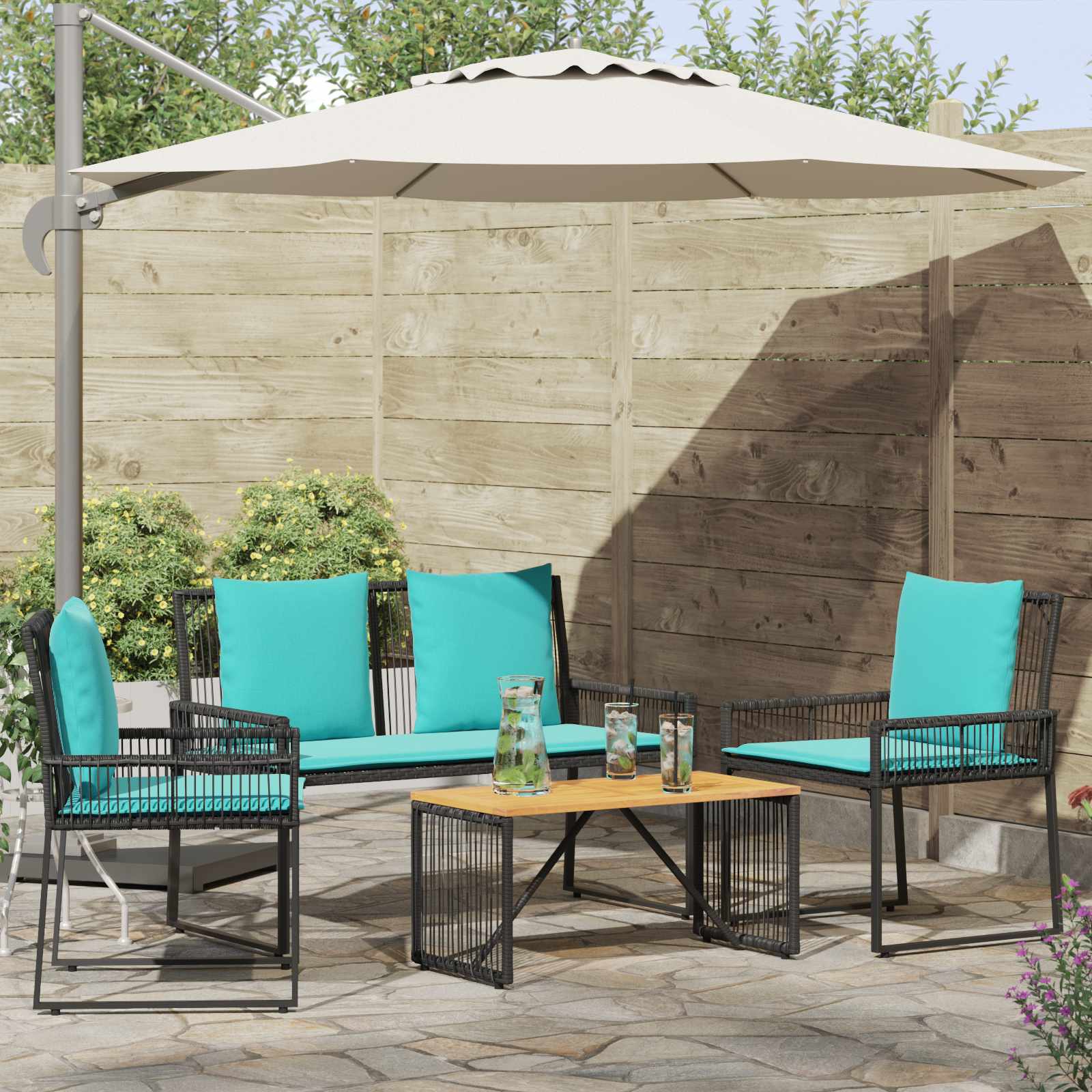Buitenmeubelset met kussen 9 pcs Zwart en Turquoise poly rattan – afbeelding 1