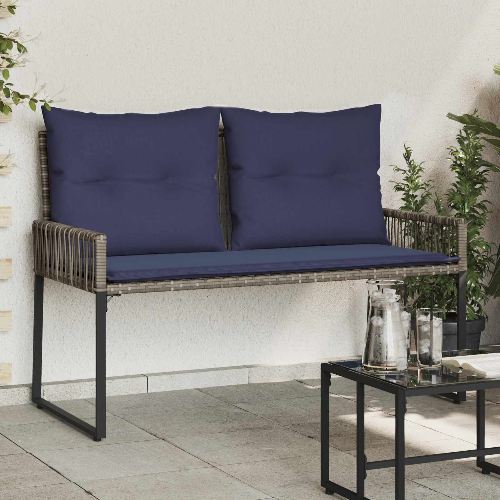 Tuinbank met kussen 4 pcs Grijs en Marineblauw poly rattan – afbeelding 1