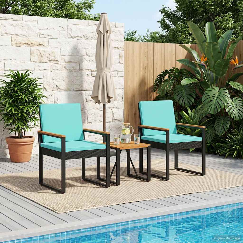 Buitenmeubelset met kussen 3 pcs Zwart en Turquoise poly rattan – afbeelding 1