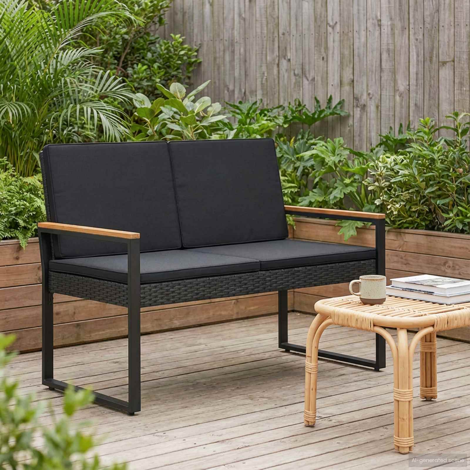 Tuinbank met kussen Zwart 107 x 61 x 80 cm poly rattan – afbeelding 1