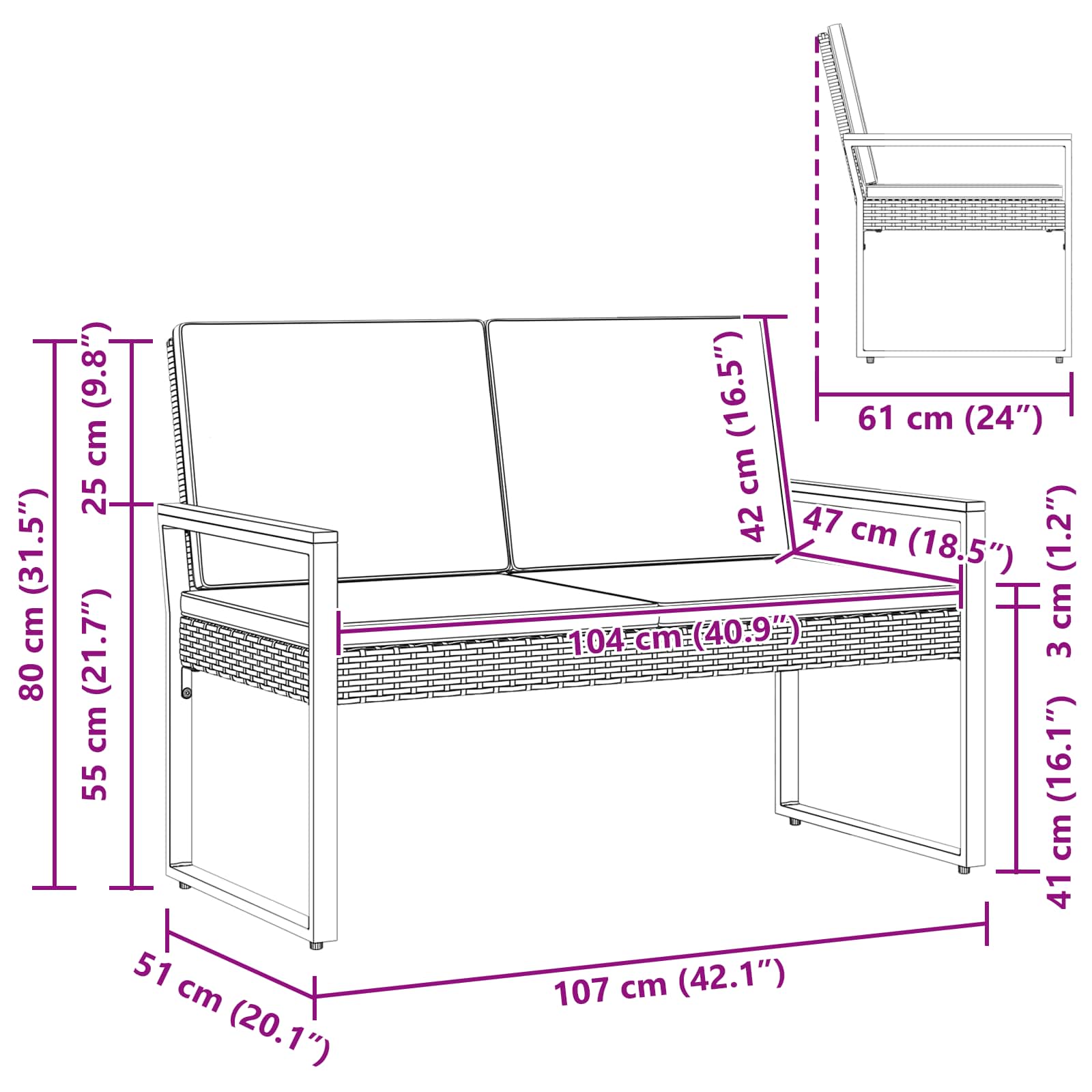 Tuinbank met kussen Zwart 107 x 61 x 80 cm poly rattan – afbeelding 11