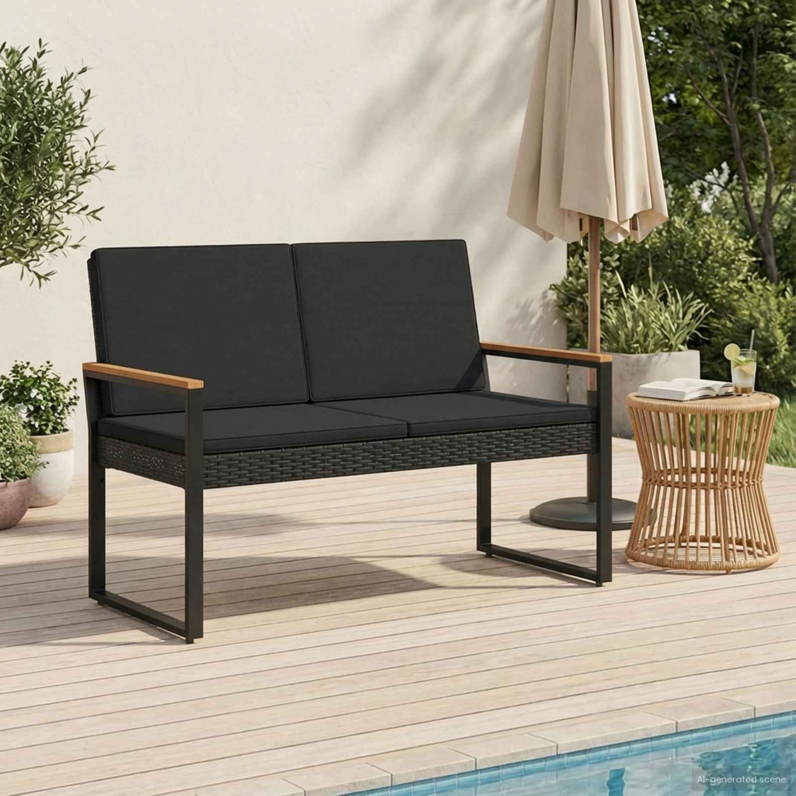 Tuinbank met kussen Zwart 107 x 61 x 80 cm poly rattan – afbeelding 3