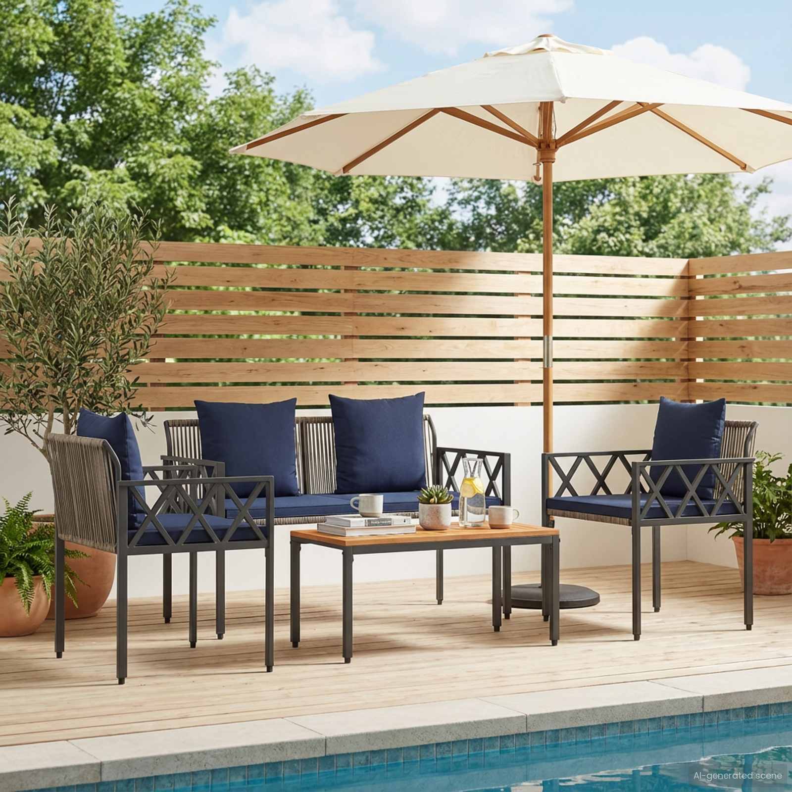 tuinmeubelset 4 pcs Grijs en Marineblauw poly rattan – afbeelding 1