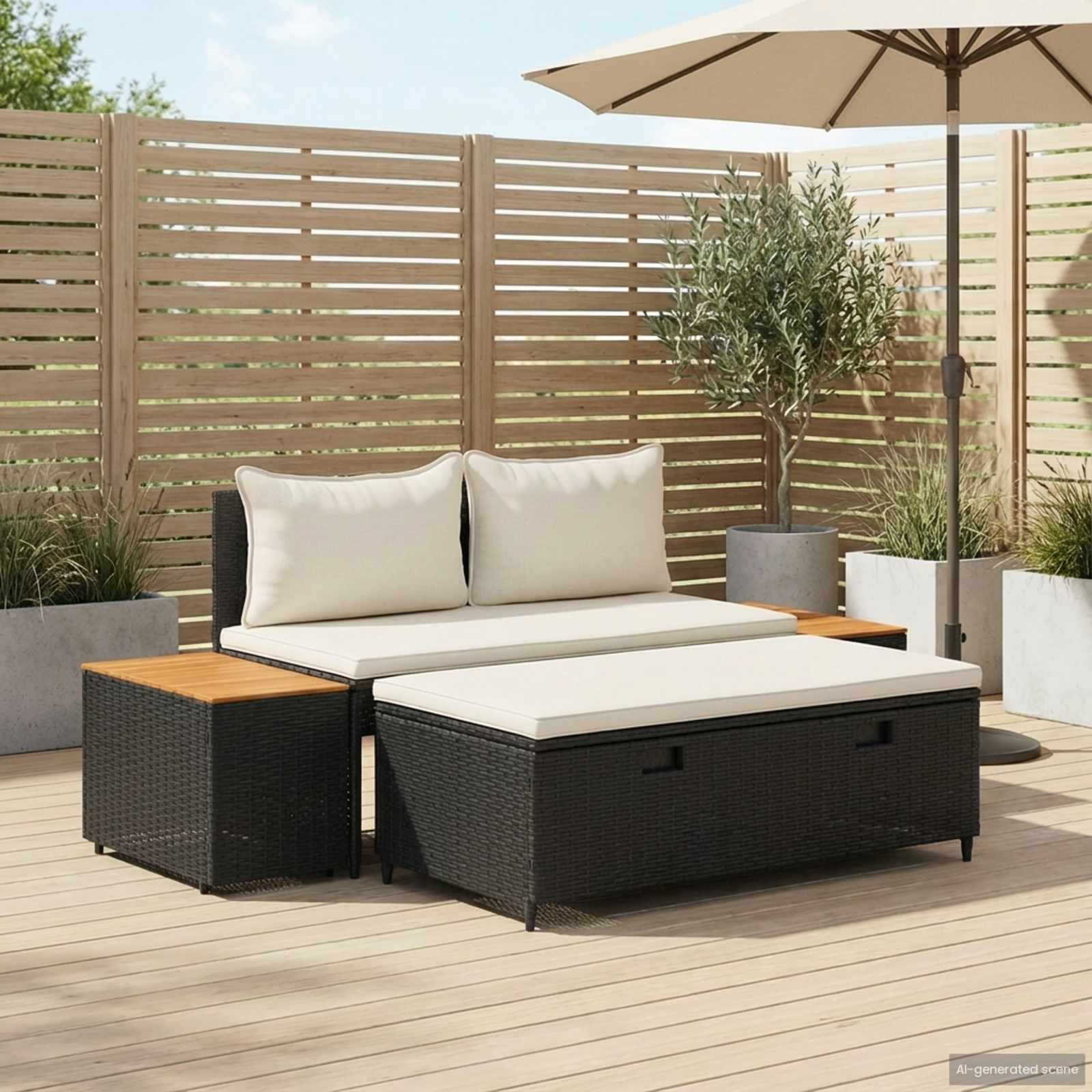 Buiten bankenset 4 pcs Zwart en Cream Wit Poly rattan en acacia