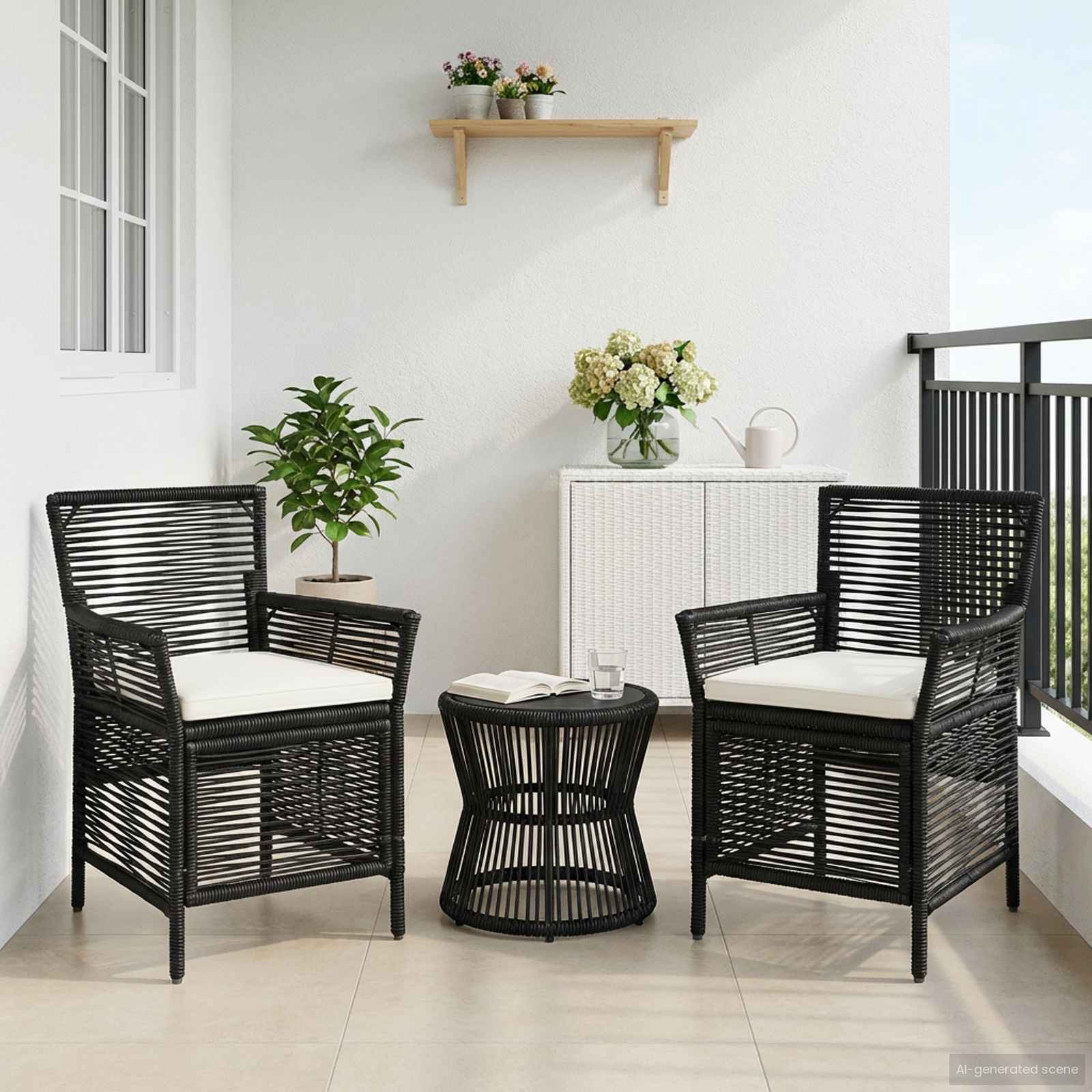 Buitenstoel met kussen 2 pcs Zwart en Crème poly rattan – afbeelding 1