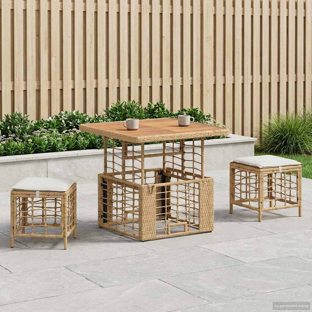Tuin eettafelset 3 pcs Natuur en Wit Poly Riet en Acaciahout – afbeelding 1