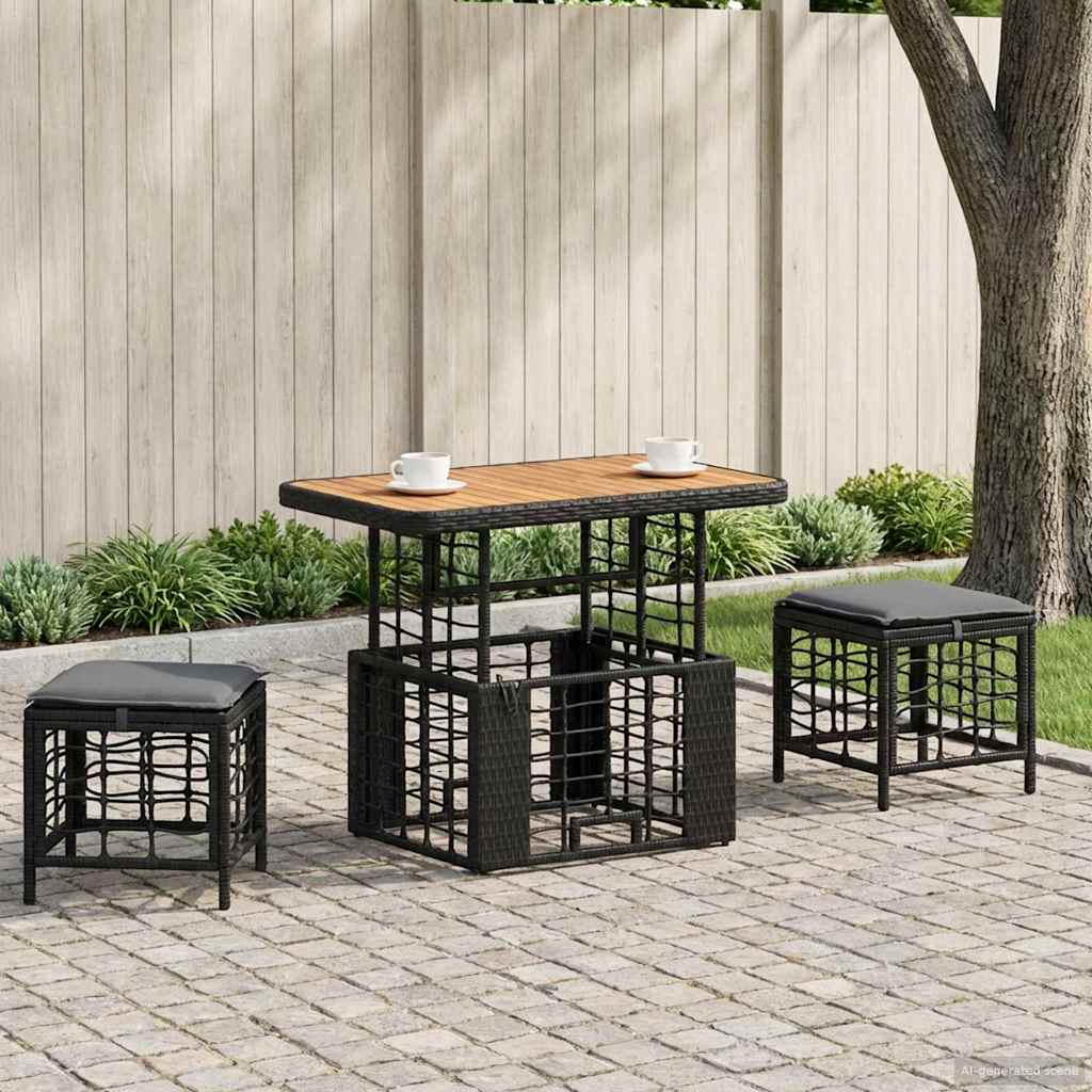 Tuin eettafelset 3 pcs Zwart en Grijs Poly Riet en Acaciahout – afbeelding 1
