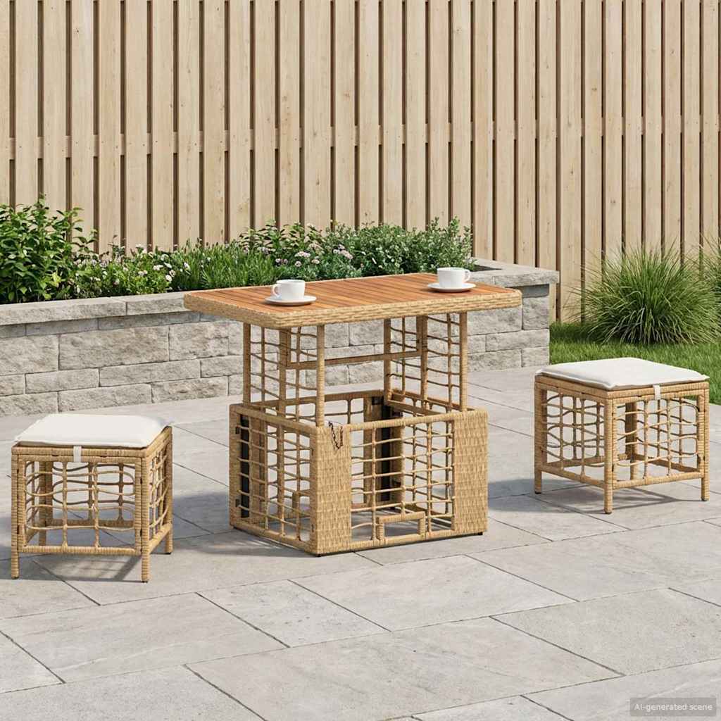 Tuin eettafelset 3 pcs Natuur en Wit Poly Riet en Acaciahout – afbeelding 1
