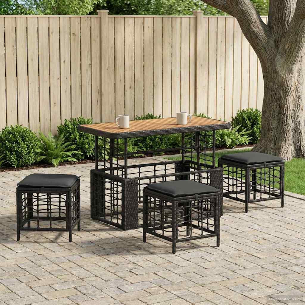 Tuin eettafelset 4 pcs Zwart en Grijs Poly Riet en Acaciahout – afbeelding 1