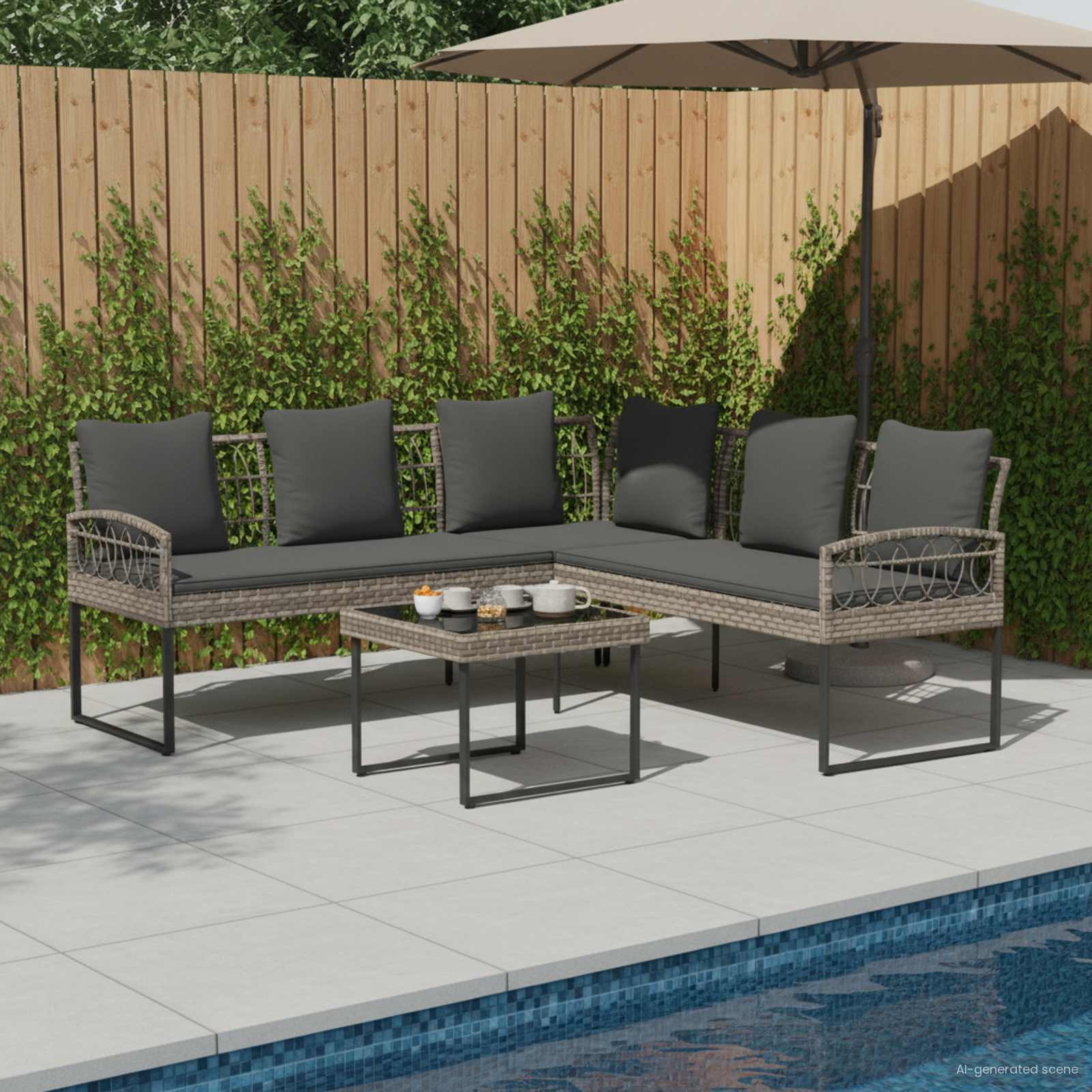 Tuinbankenset met kussen 2 pcs Grijs Poly Rattan en Staal – afbeelding 1