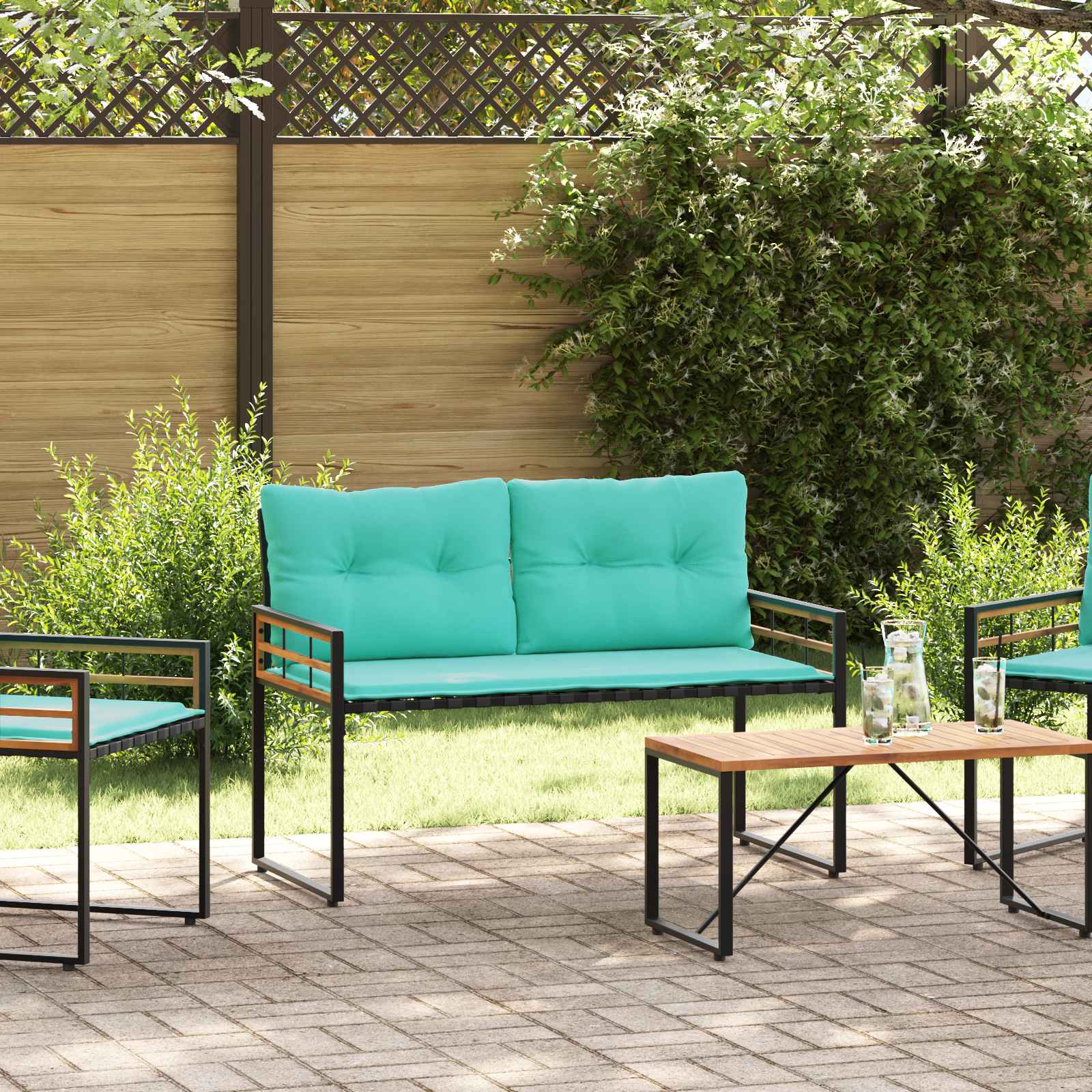 Houten Laag Bank met kussen Effen Turquoise 114 x 55 x 77 cm – afbeelding 1