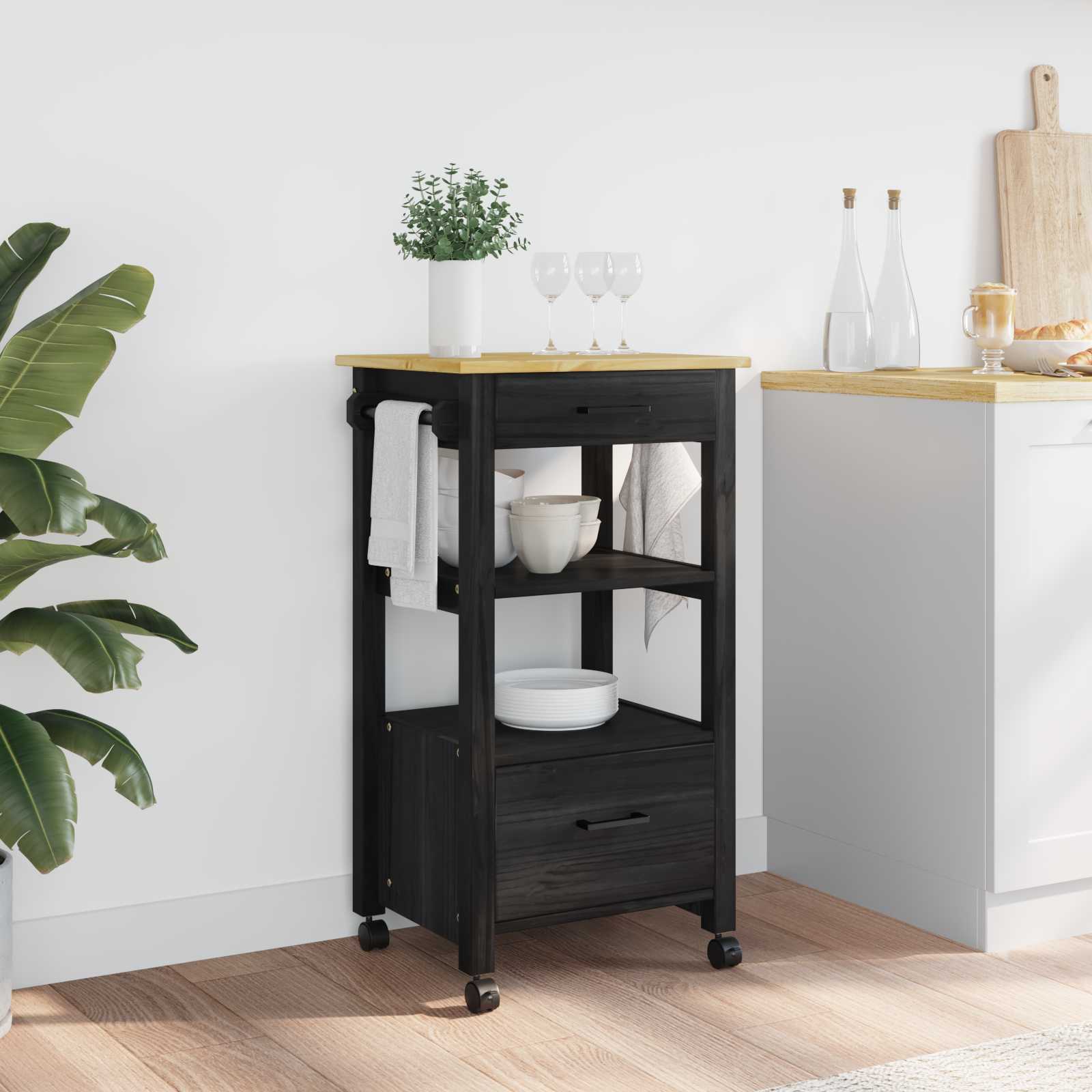 Keuken Trolley MONZA Zwart 48 x 40 x 88,5 cm Massief Vurenhout