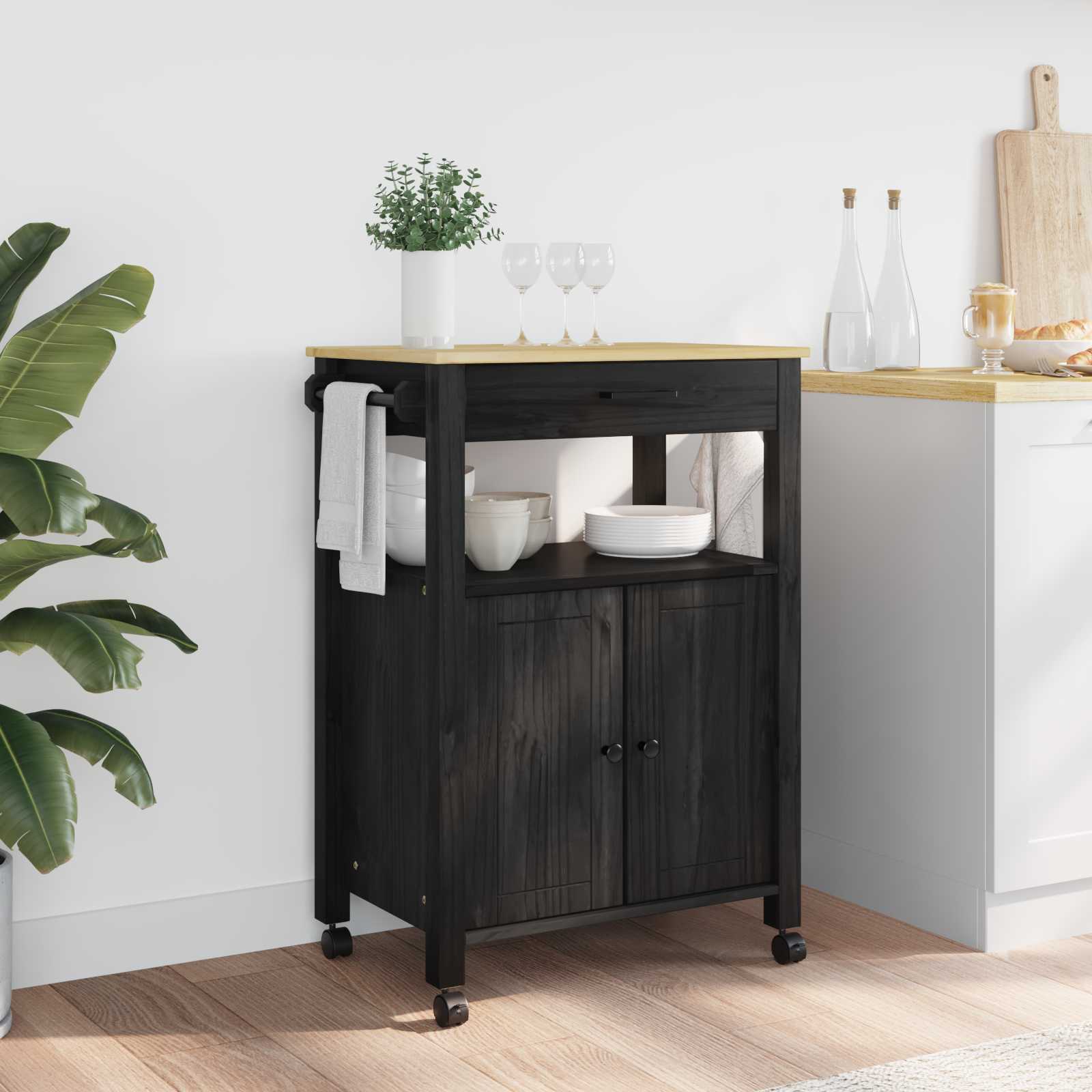 Keuken Trolley MONZA Zwart 60 x 40 x 88,5 cm Massief Vurenhout