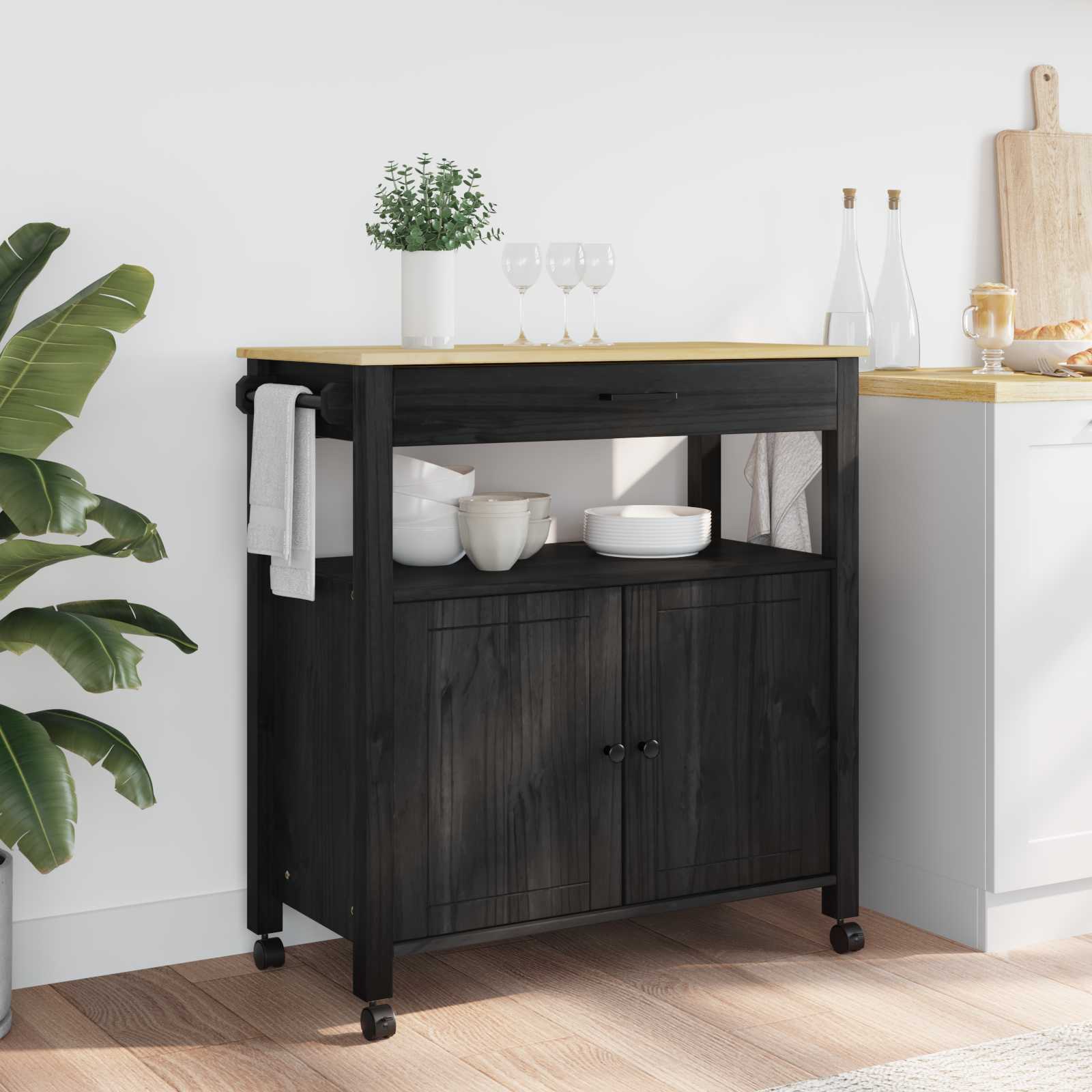 Keuken Trolley MONZA Zwart 84 x 40 x 88,5 cm Massief Vurenhout