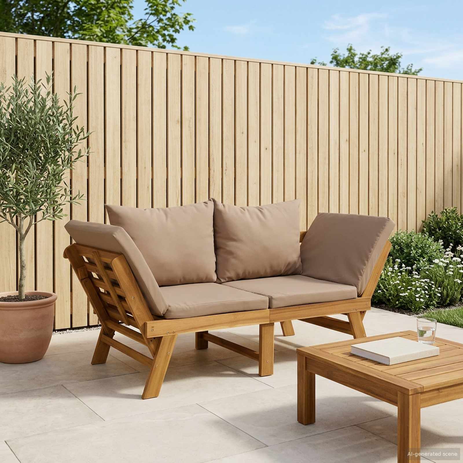 3-in-1 Tuinbank met Kussens Massief Acaciahout Naturel – afbeelding 1