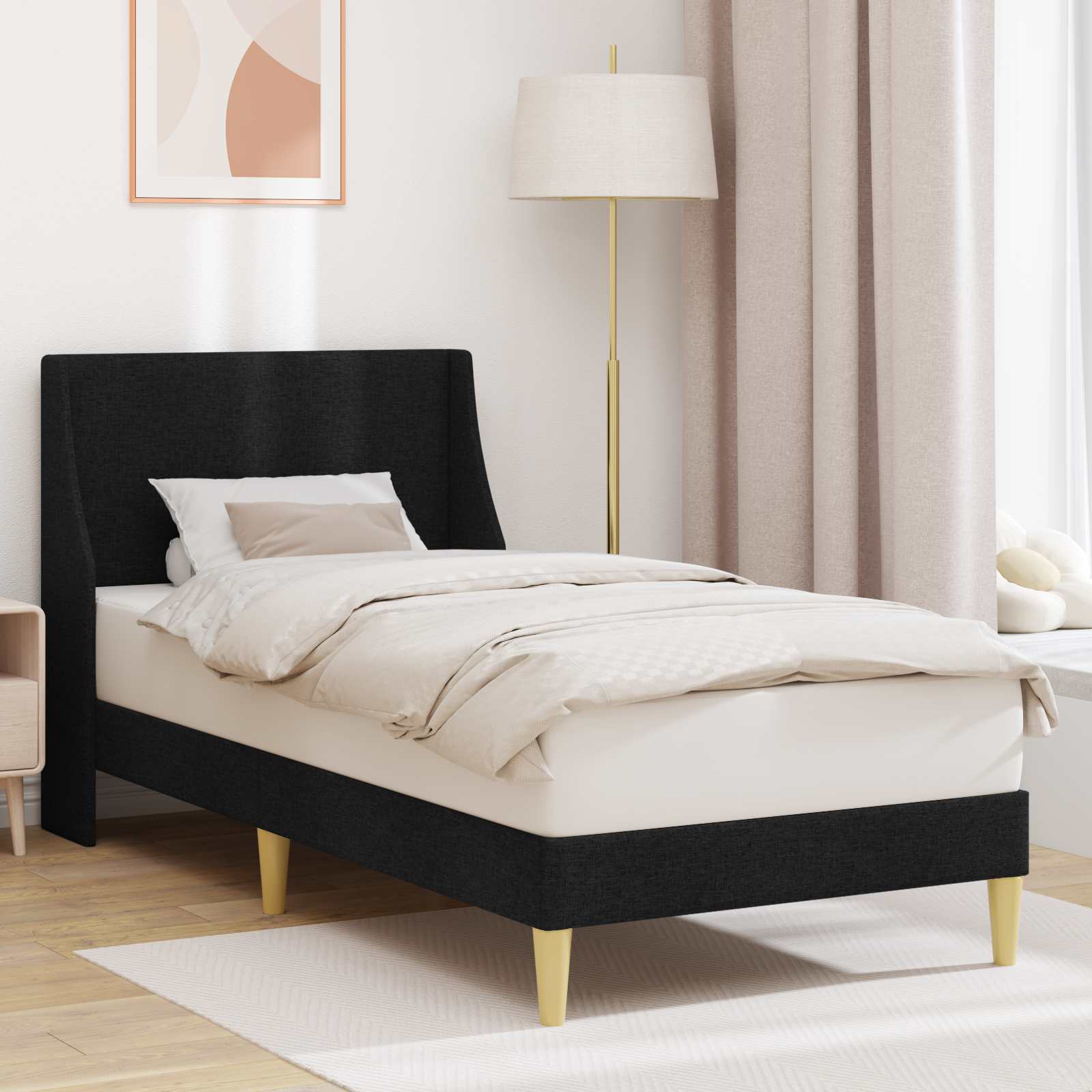 Bedframe Effen met hoofdeinde Zwart 90 x 200 cm Stof – afbeelding 1