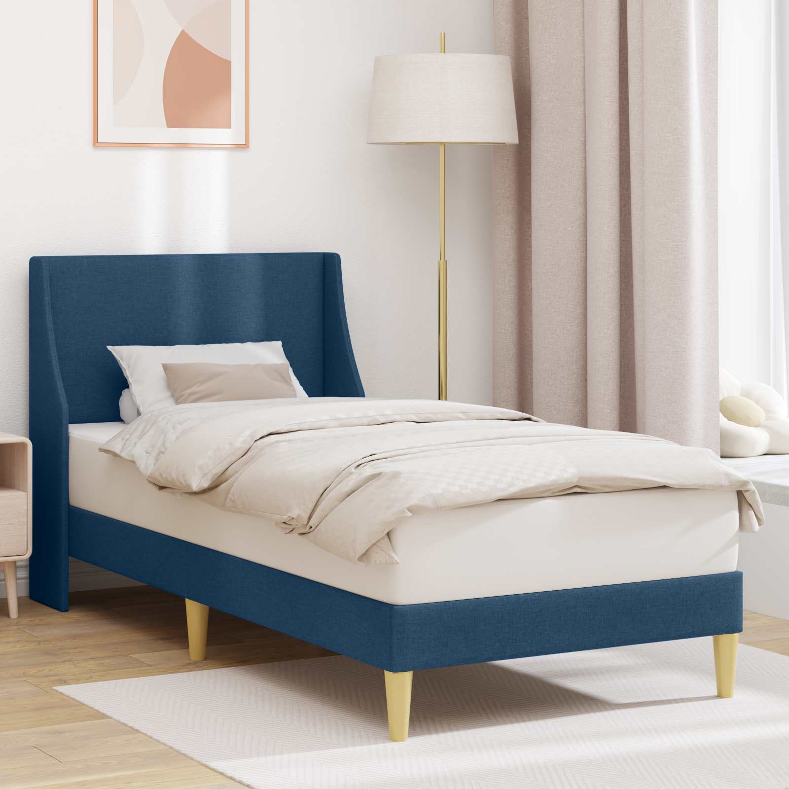 Bedframe Effen met hoofdeinde Blauw 90 x 200 cm Stof – afbeelding 1