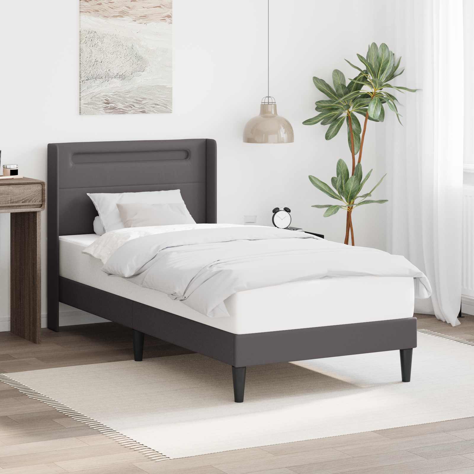Bedframe met LED-stripverlichting Grijs 90 x 190 cm Kunstleer – afbeelding 1