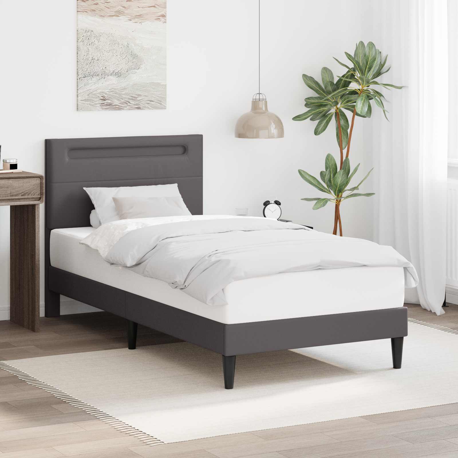 Bedframe met LED-stripverlichting Grijs 90 x 200 cm Kunstleer